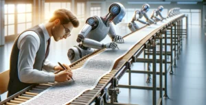 a man writing on a paper on a conveyor belt