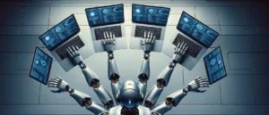 a robot holding laptops