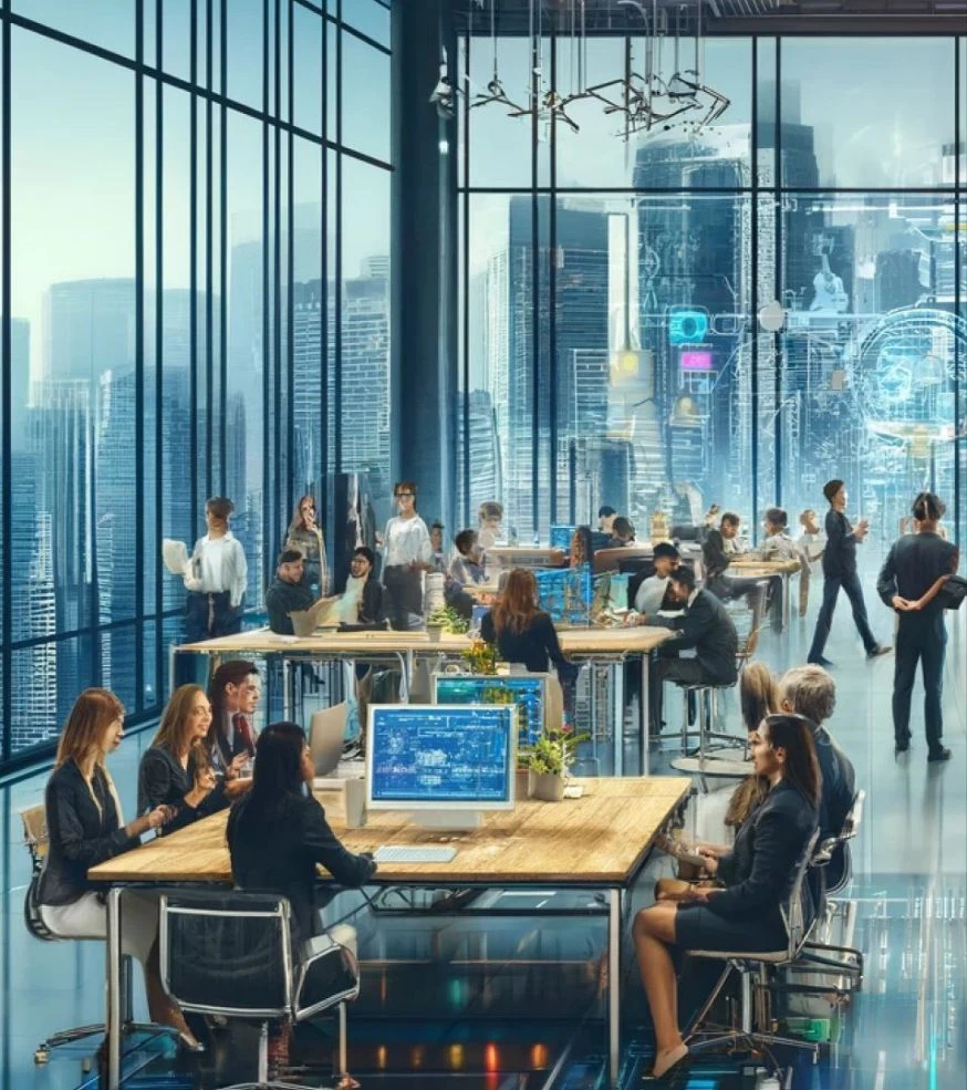 a group of people in a room with large windows