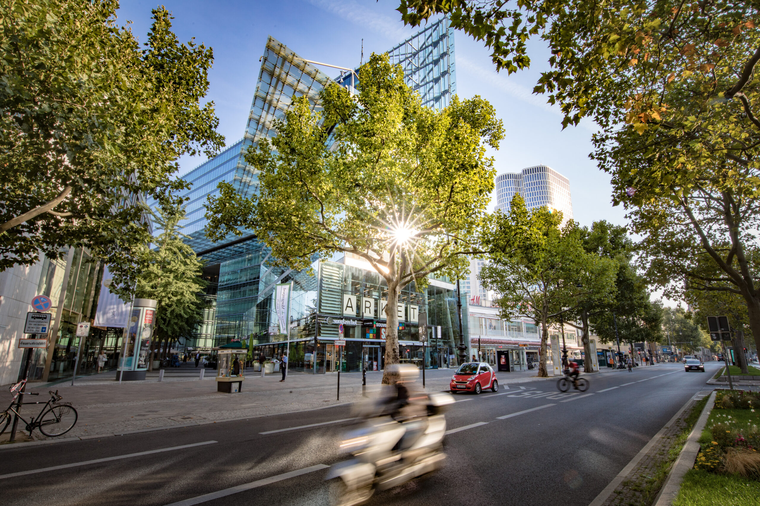 a street with trees and a building in the background