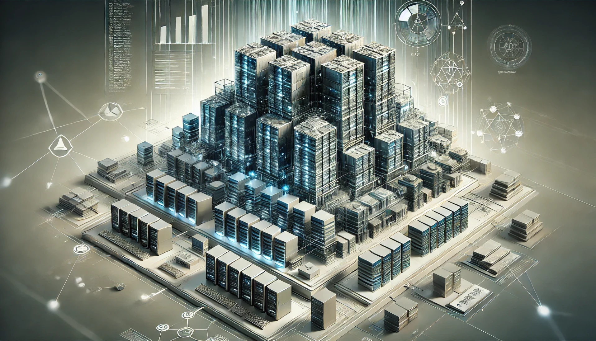 a computer tower with many rows of buildings